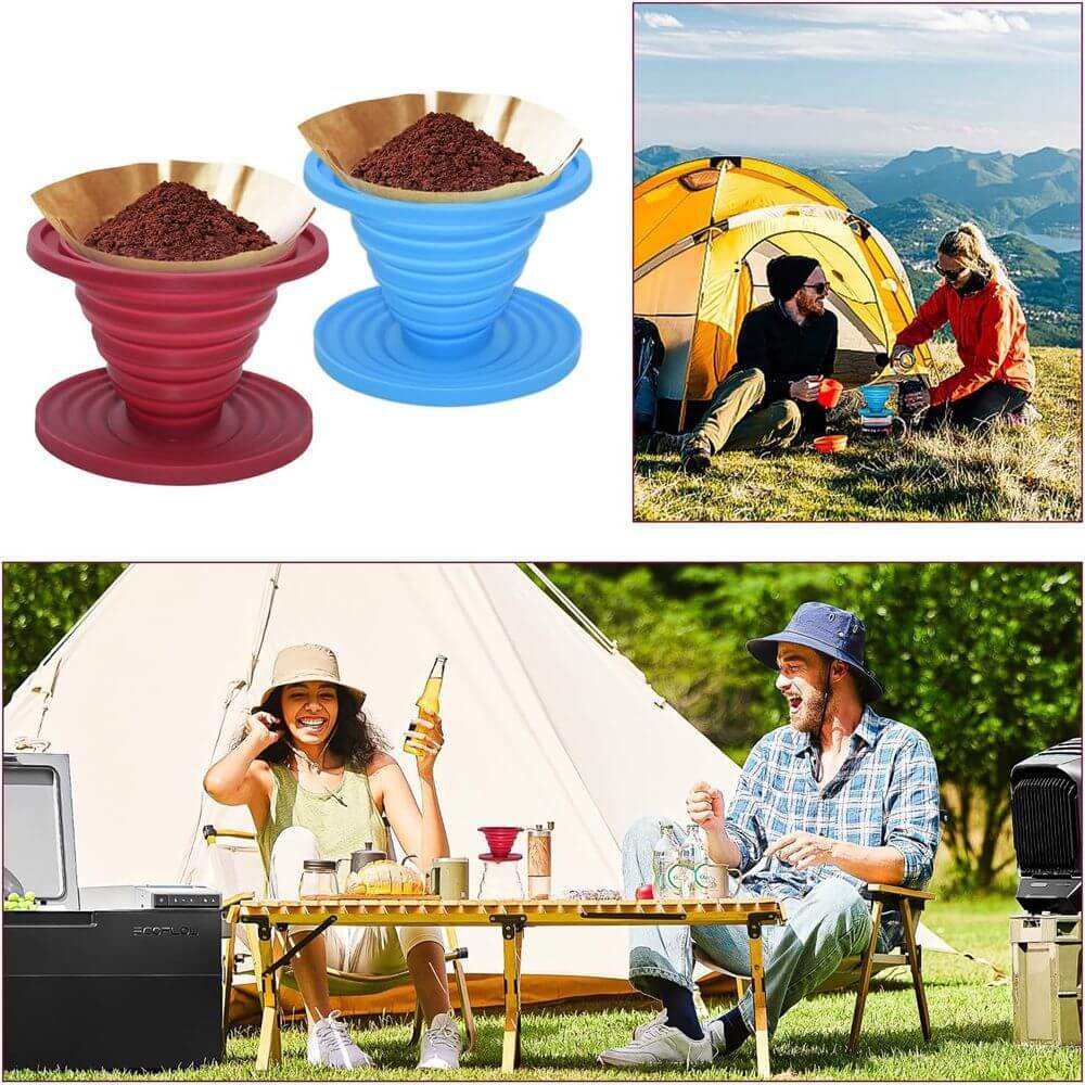 Brew coffee using a foldable silicone coffee filter cup while picnicking beside the tent.