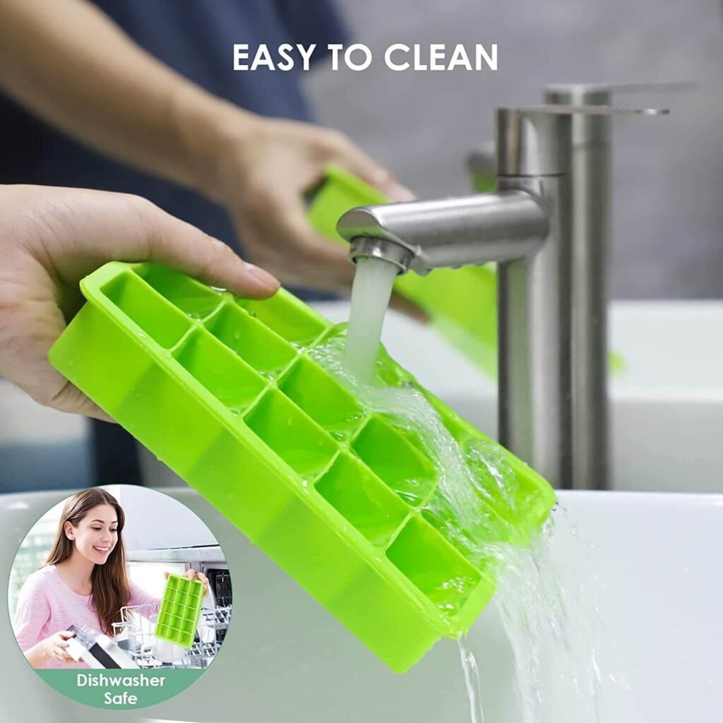 Bright green silicone ice cube trays are dishwasher and hand-wash safe.