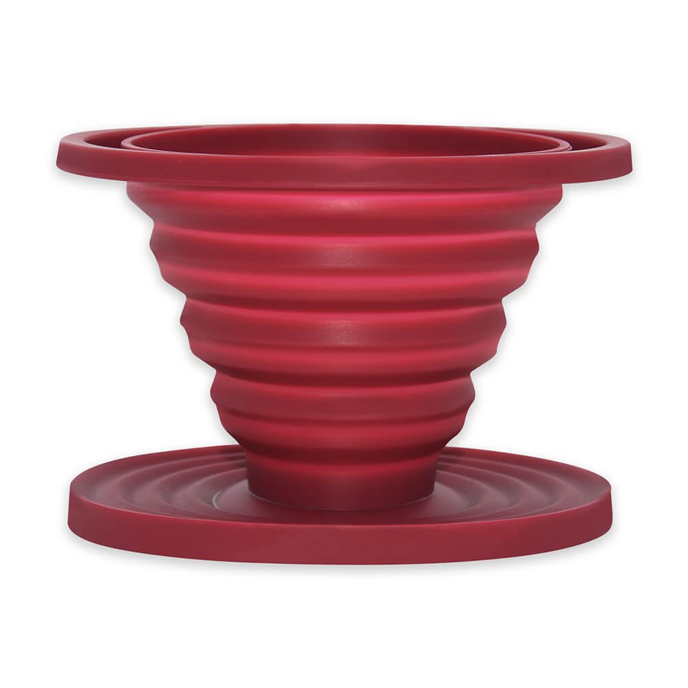 Retro red foldable silicone pour-over coffee filter in open position