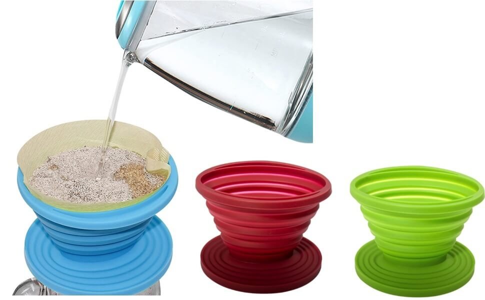 The foldable silicone coffee filter is brewing coffee