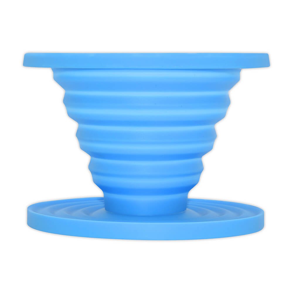 light blue foldable silicone pour-over coffee filter in open position