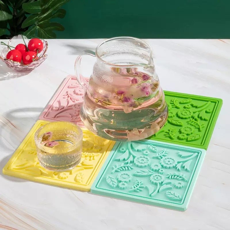1-Floral embossed square silicone coasters heat resistant for teapot