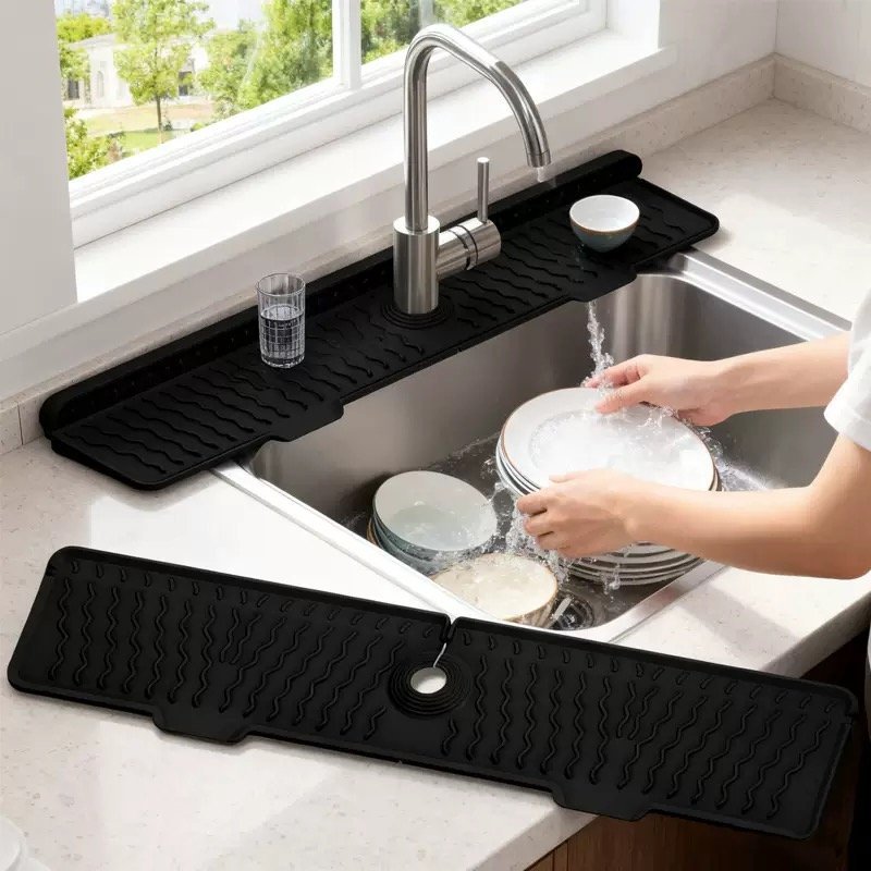Black Wavy Silicone Faucet Mat for Kitchen Sink Dishwashing Scene