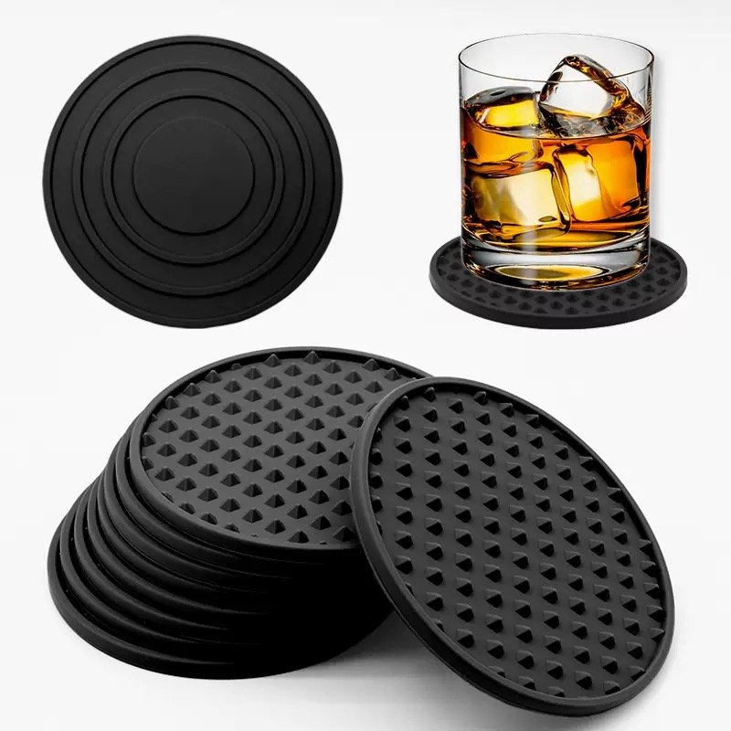 Black non-slip silicone coaster for whiskey glasses