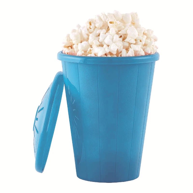 Blue tall Silicone Popcorn Bucket with vented lid and popped popcorn