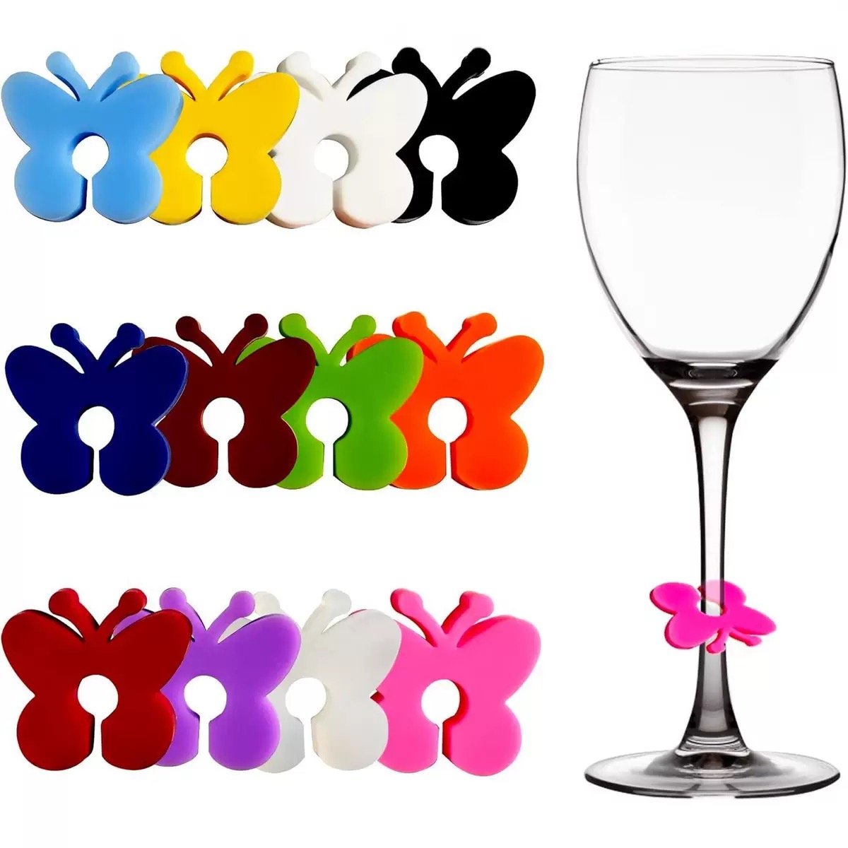 Butterfly shaped silicone wine glass charms in assorted colors