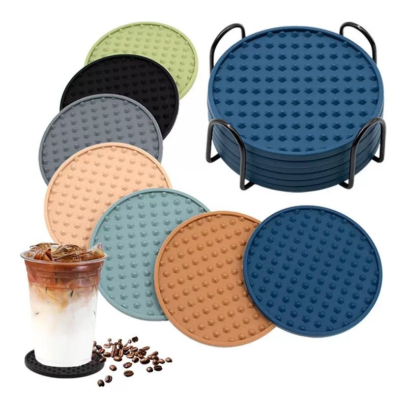 Dot texture silicone coasters with metal holder morandi color