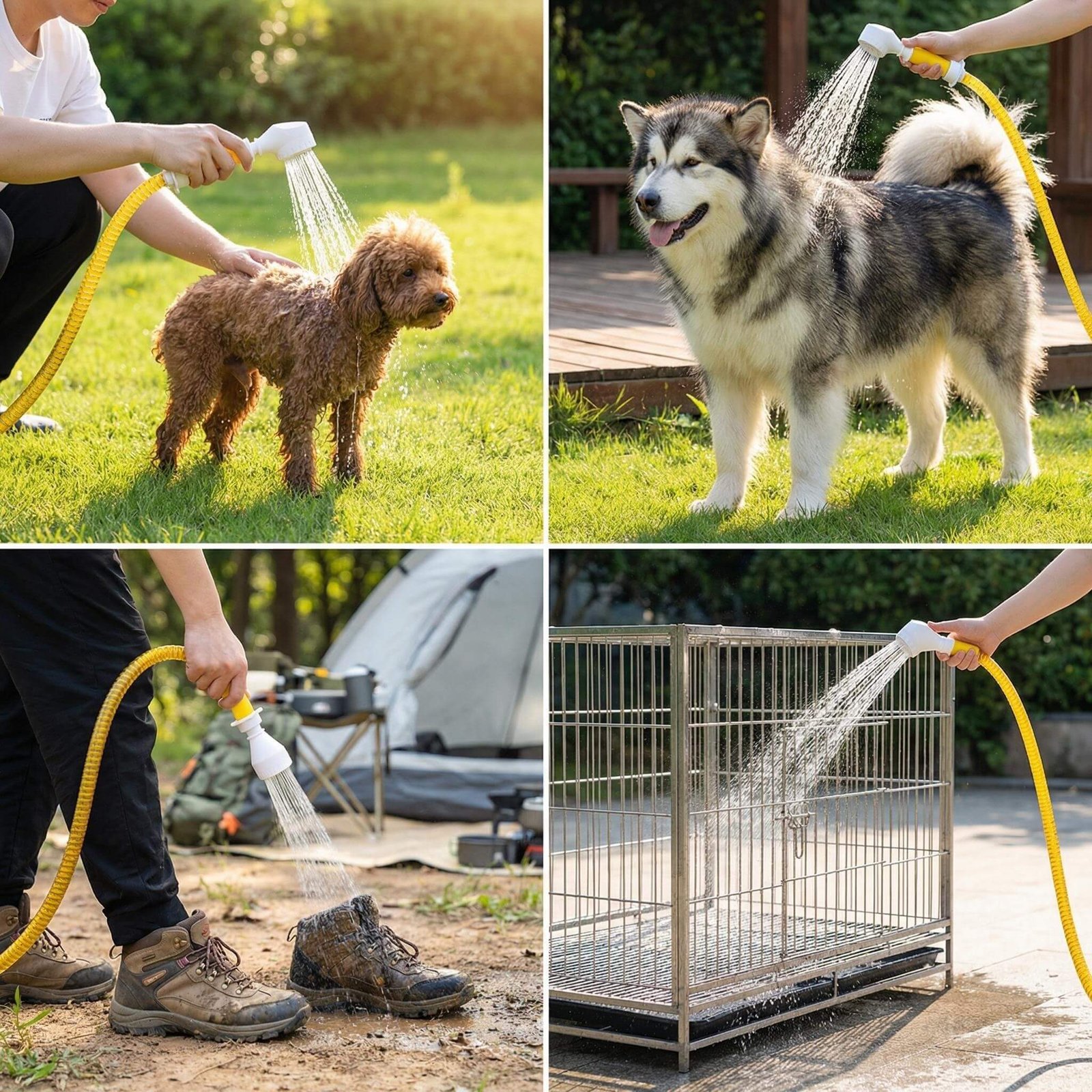 Effortless Poodle Bathing with Portable Pet Shower in Yard