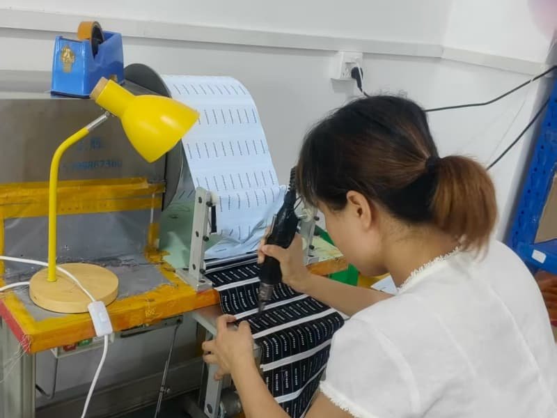Female worker inspecting custom woven fabric keychain strips with manual tools