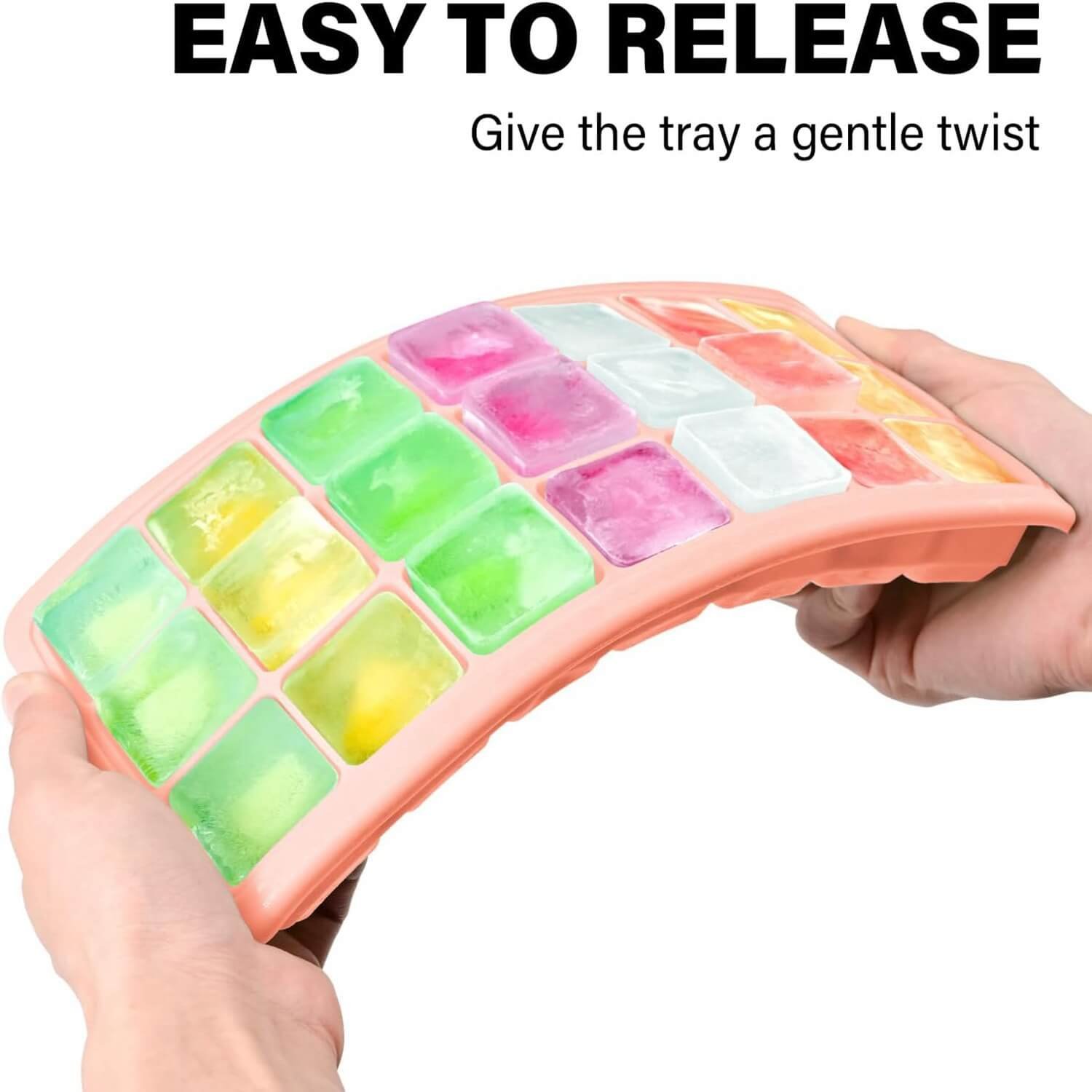 Ice cube tray showing easy release by giving the tray a gentle twist