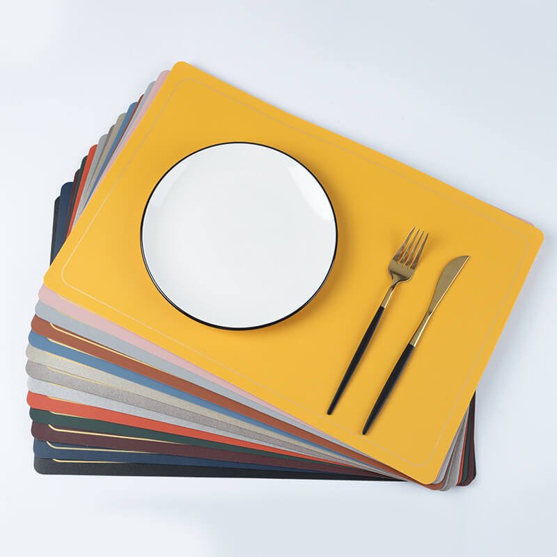 Luxury Solid Color Leather Placemat Set with Golden Cutlery for Dining