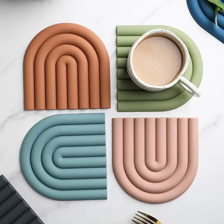 Morandi color geometric striped silicone coaster