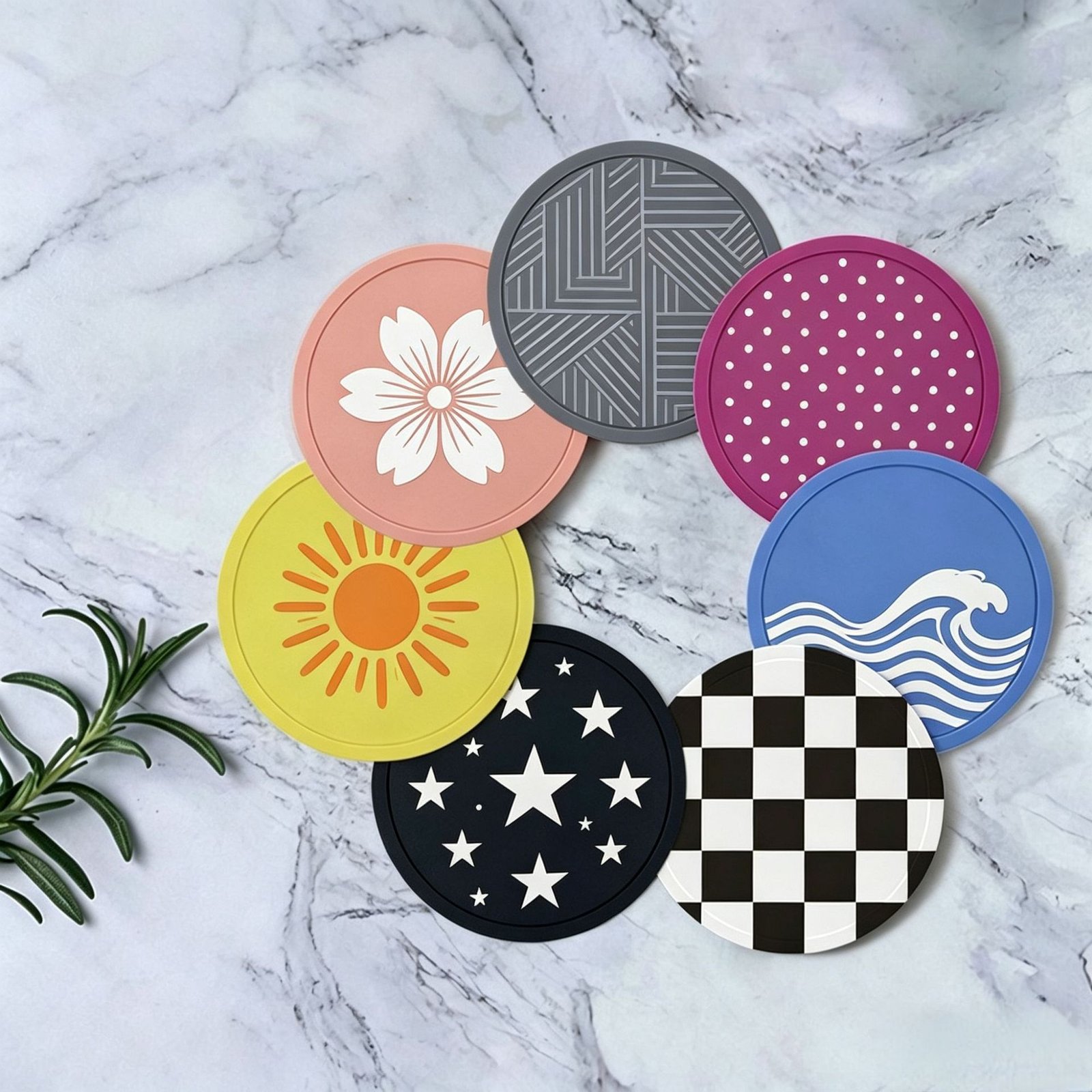 Multi-Pattern Colorful Silicone Coaster Set with Cherry Blossom & Checkerboard