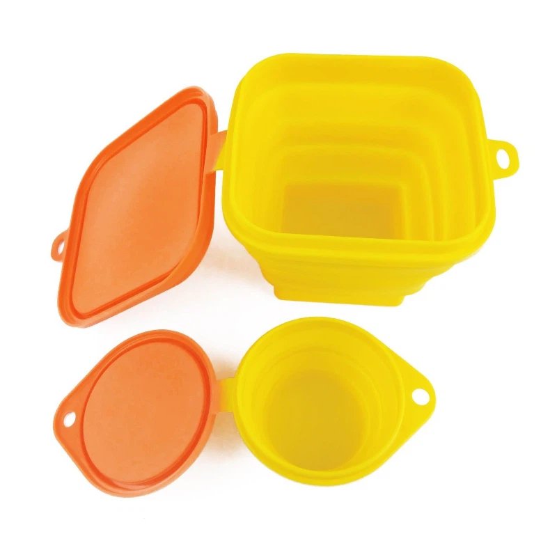 Open orange yellow square and round Silicone Popcorn Bucket with lids