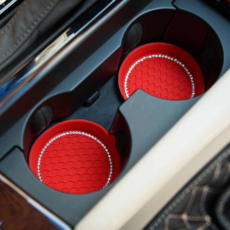 Red Rhinestone-Edged Silicone Car Cup Holder Coasters (2-Pack)