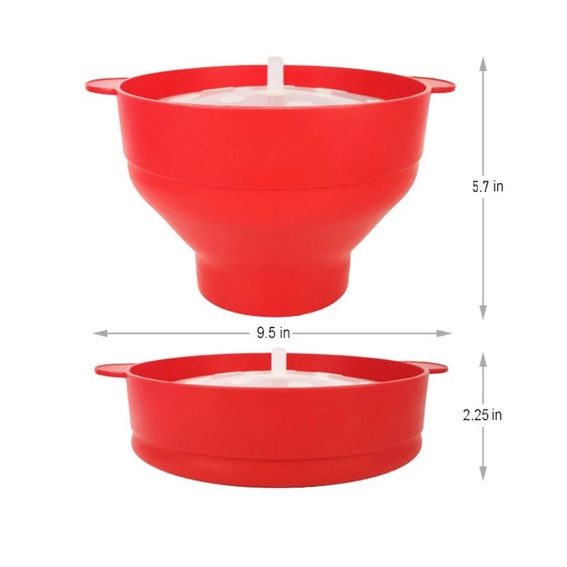 Red collapsible Silicone Popcorn Maker with dimension measurement