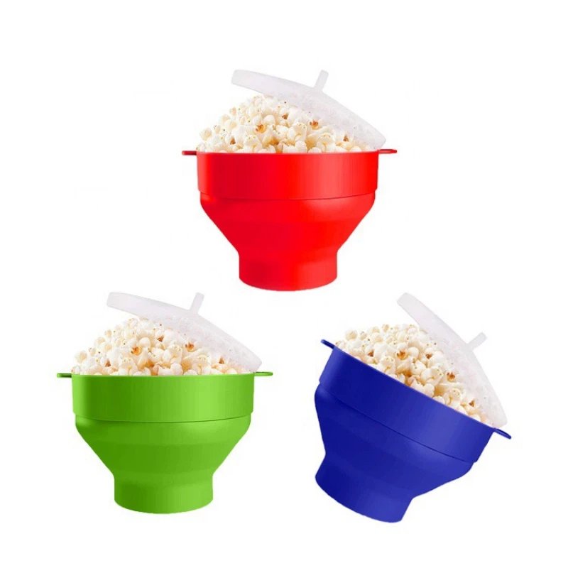 Red green blue collapsible Silicone Popcorn Popper with popped popcorn