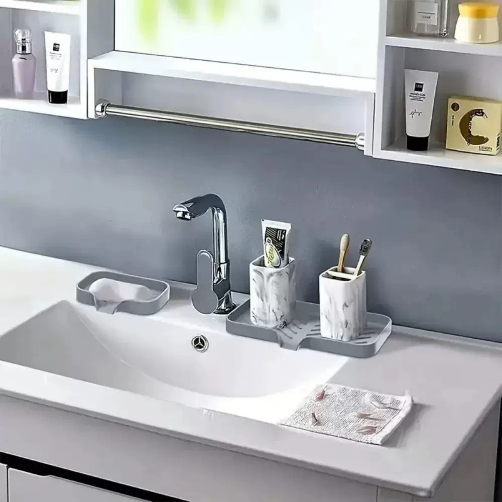 Silicone Faucet Organizer Mat in Modern Bathroom Vanity Setup
