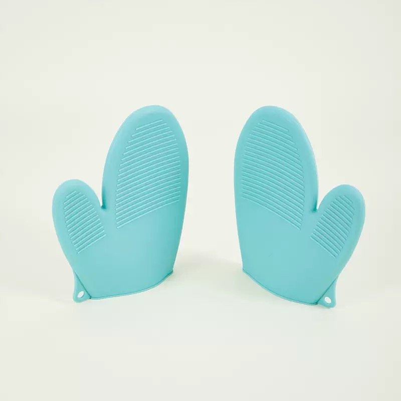 Solid Light Blue Silicone Oven Mitts with Ribbed Anti Slip Surface