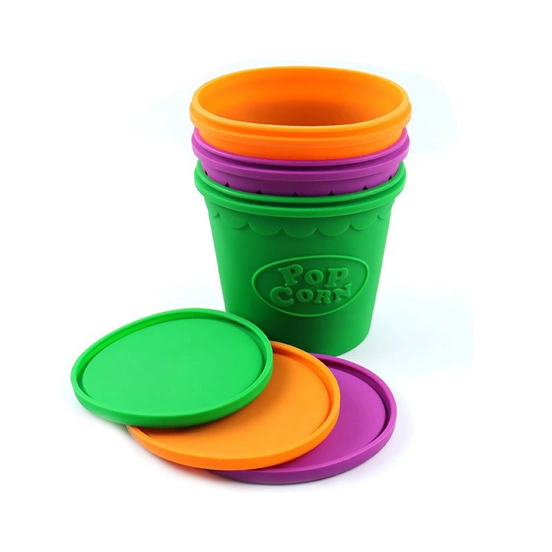Stackable green orange purple Silicone Popcorn Bucket set with lids