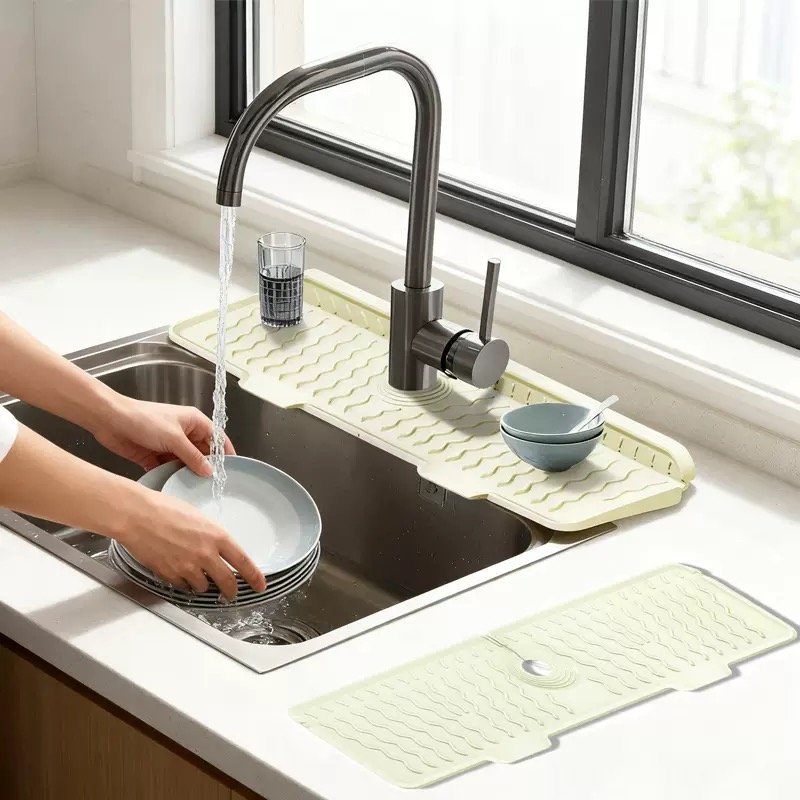 Yellow Wavy Silicone Faucet Mat for Kitchen Sink with Dishwashing Scene