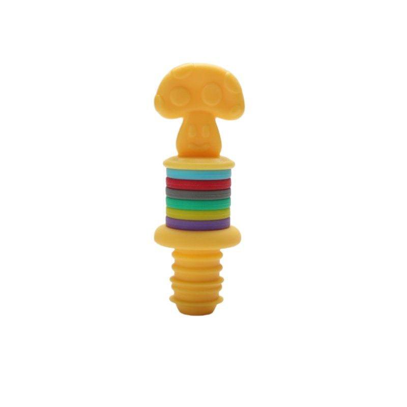 Yellow mushroom shaped silicone wine stopper with rainbow rings