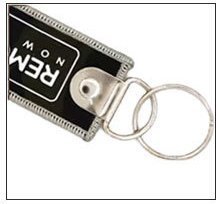 black fabric keychain tag detail silver metal ring smooth edge fine stitching