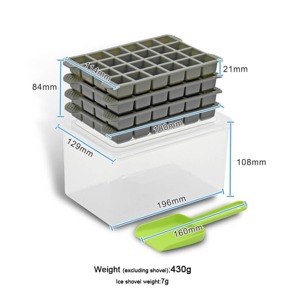 set of ice cube trays with 32 cavities each including storage box and shovel