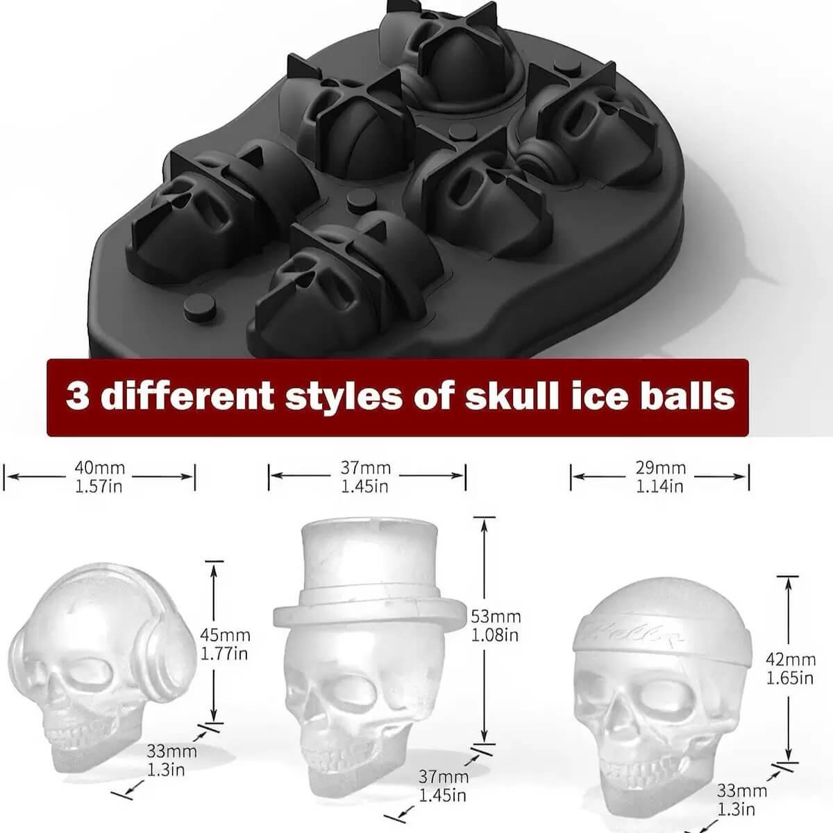 3 Different Skull Ice Ball Designs with Exact Dimensions