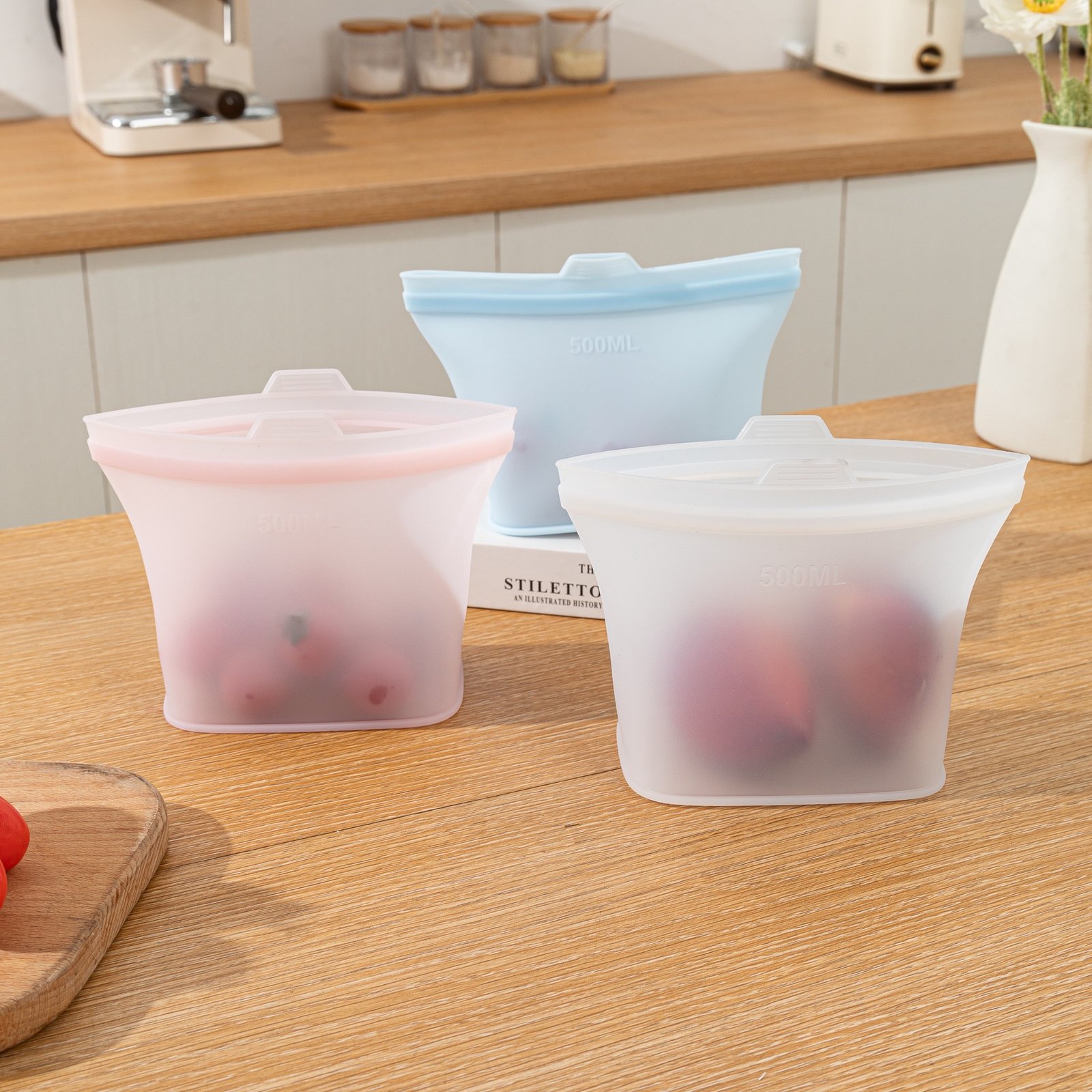 3-Pack 500ml Silicone Food Containers with Lids (PinkBlueWhite)