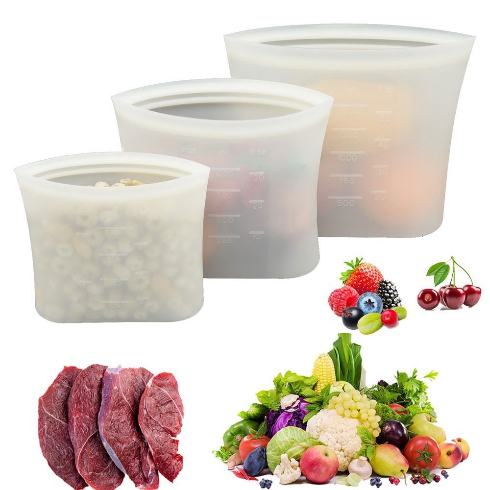3-Pack Silicone Food Bags in Assorted Sizes for Meat & Produce
