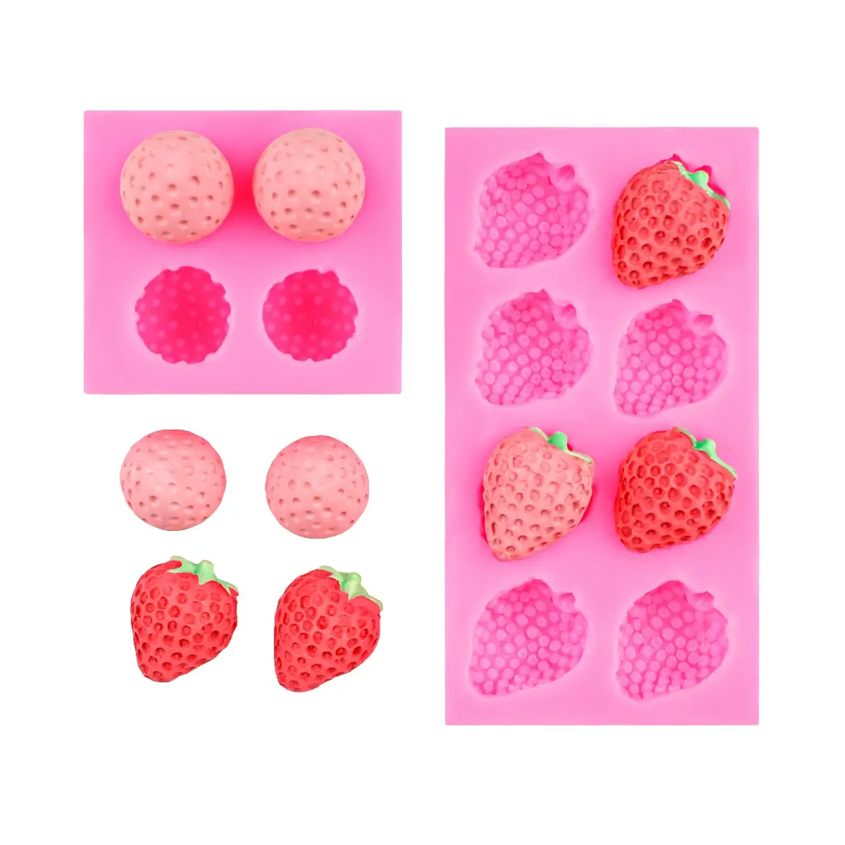 4 Cavity Mini Strawberry Silicone Mold & 6 Cavity Full Strawberry Fondant Mold Set