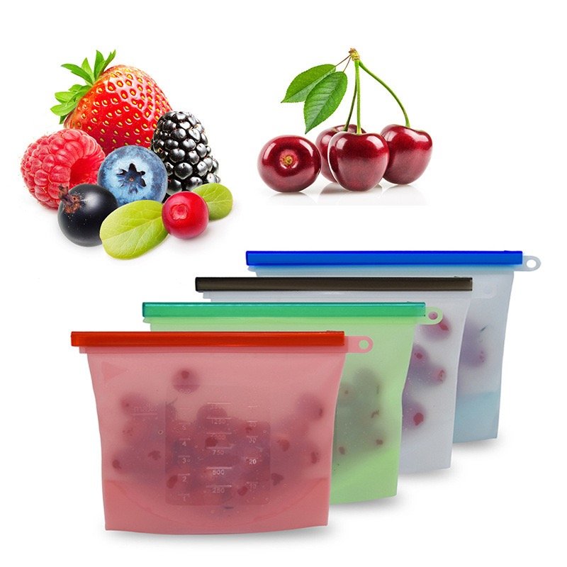 4-Pack Silicone Food Bags with Assorted Colors for Fruit & Produce
