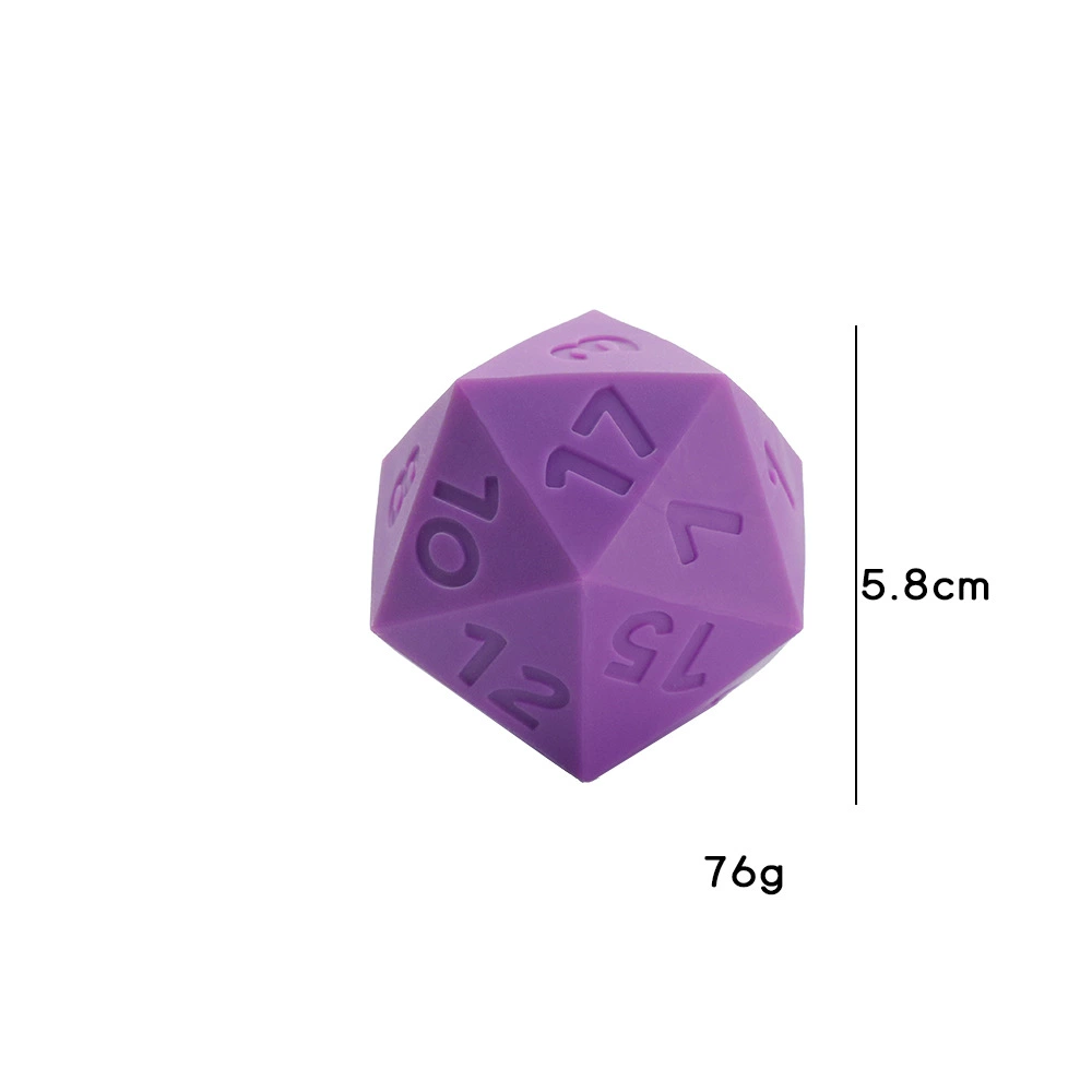58mm Purple Silicone 20-Sided Dice with Size & Weight Specs