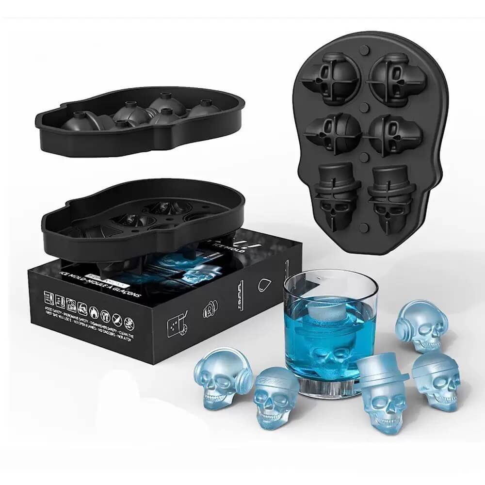 6-Cavity 3D Skull Ice Cube Tray with 3 Unique Styles