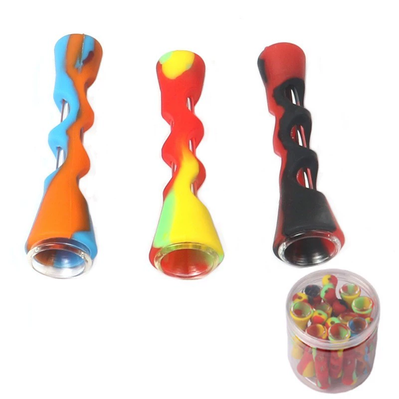 Assorted Silicone Spiral Hand Pipes in Storage Jar
