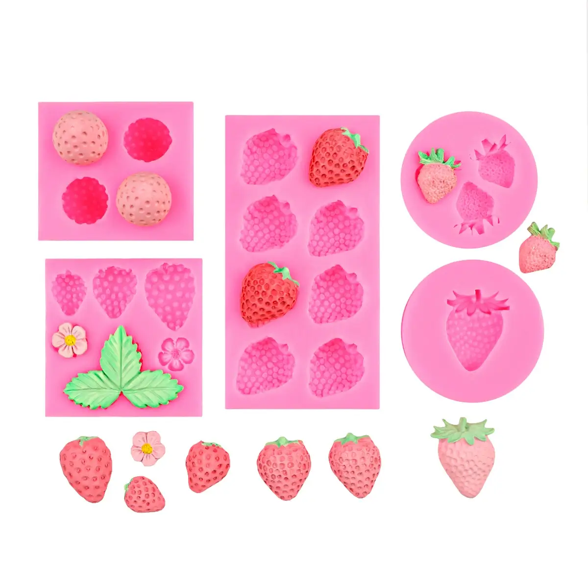 Assorted Strawberry Silicone Mold Kit - Mini, Full & Leaf Flower Molds for Baking