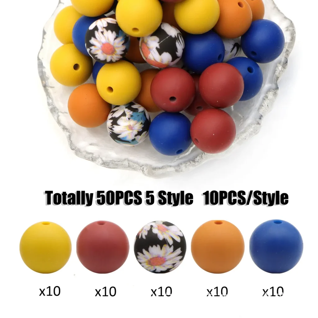 Black Base Daisy Print Silicone Beads Bulk 50PCS Earthy Tones for DIY Crafts & Teething Necklaces