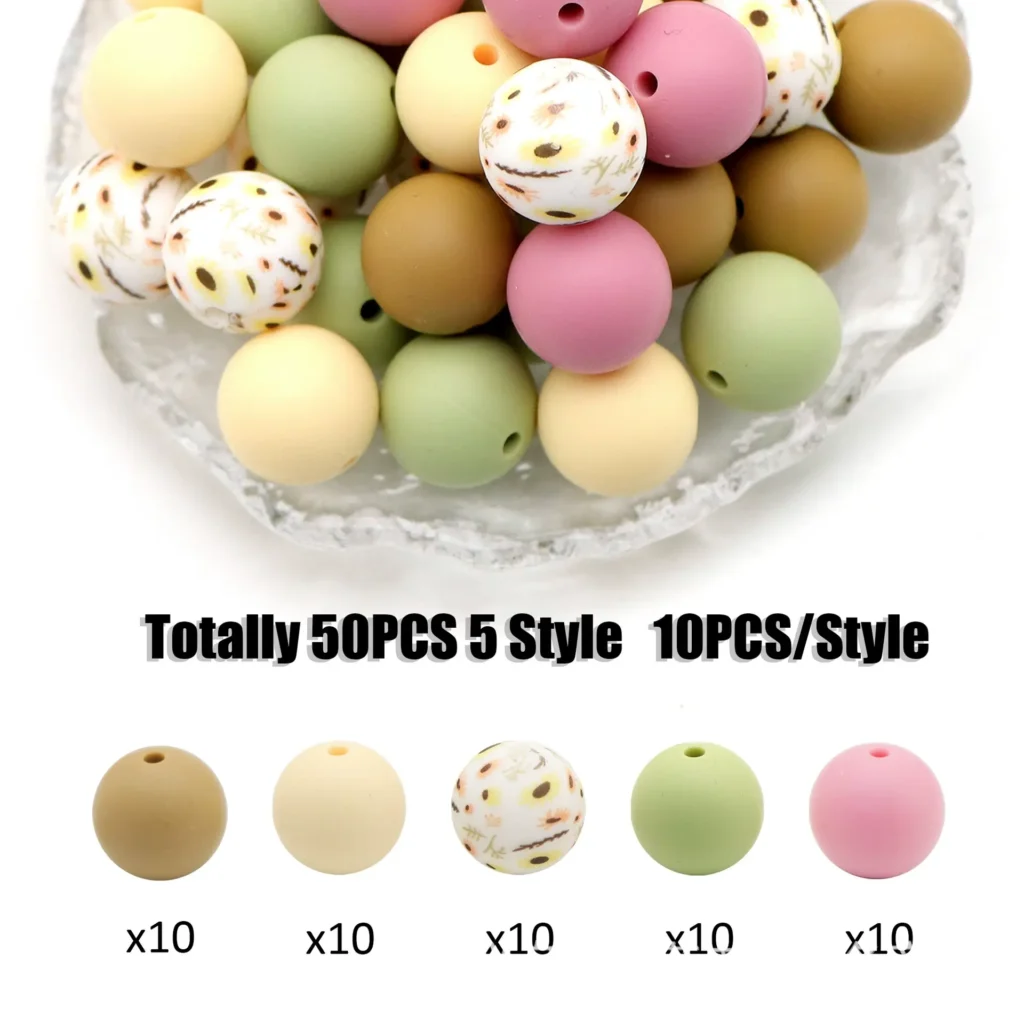 Boho Sunflower Print Silicone Beads 50PCS Sage Green Neutral Colors for Teething Necklaces