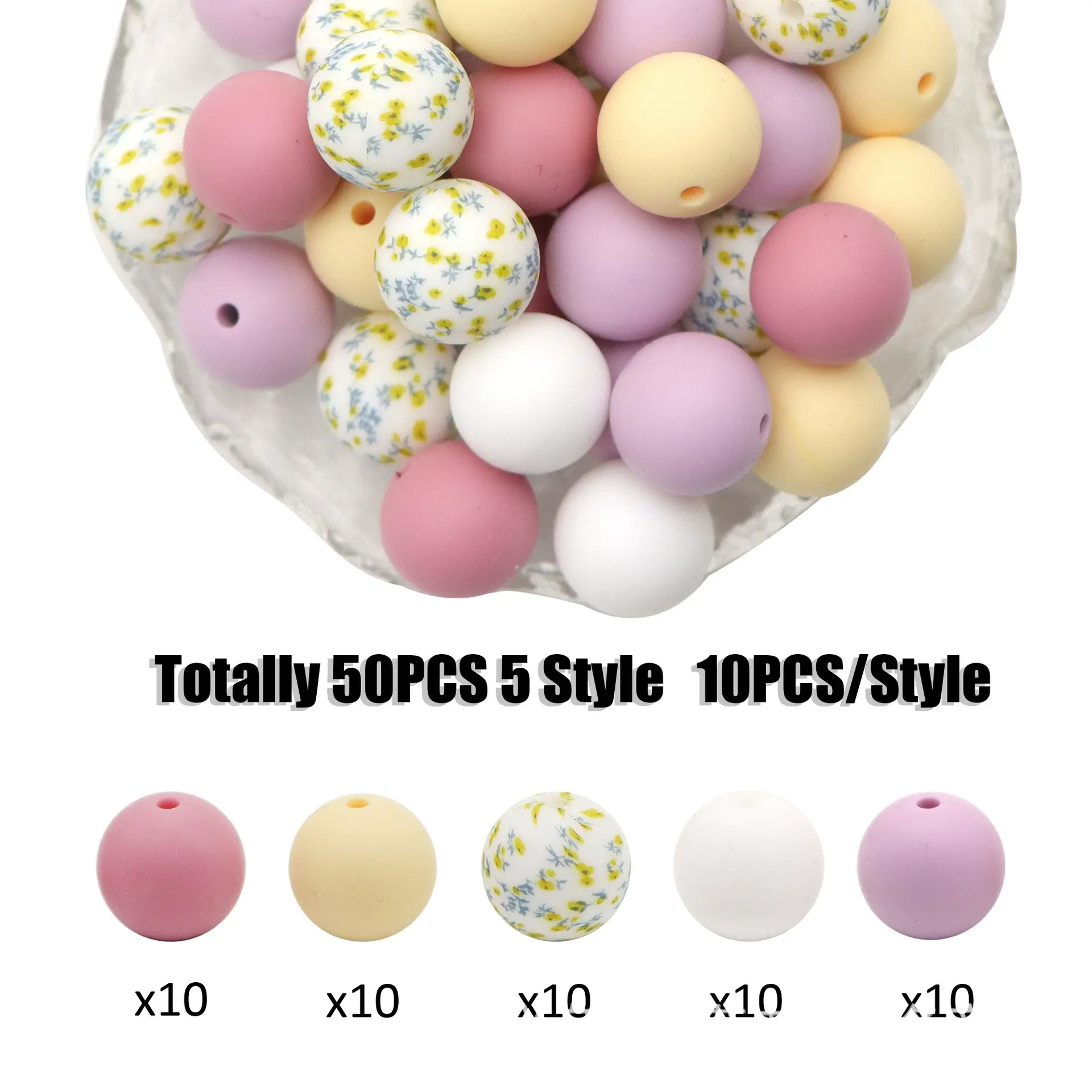 Ditsy Yellow Floral Silicone Beads 50PCS Pastel Purple Pink Bulk Pack for DIY Projects
