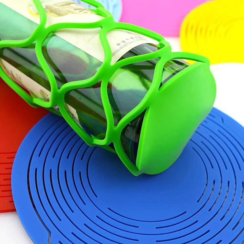 Green Silicone Wine Bottle Carrier on a Trivet