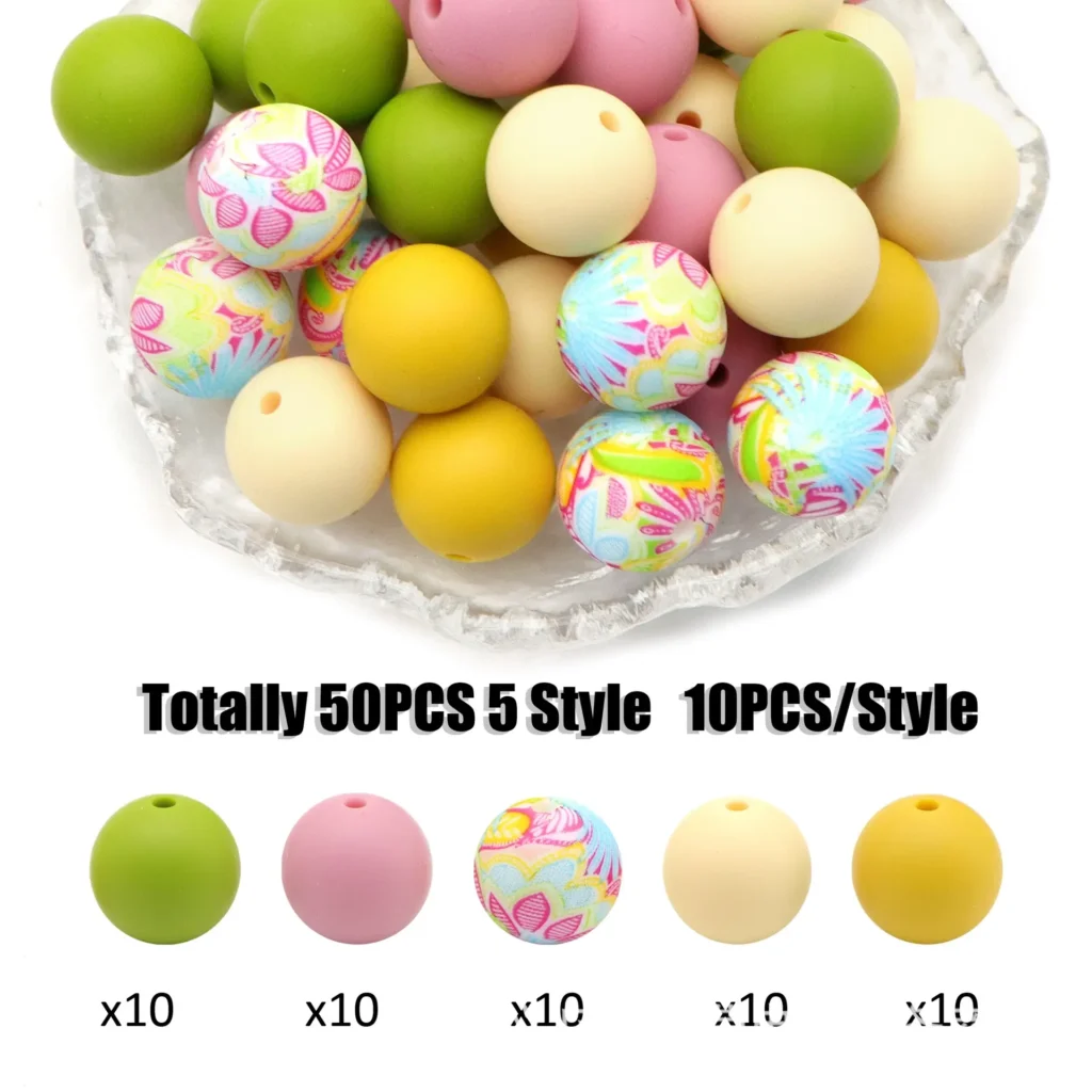 Paisley Floral Print Silicone Beads Bulk 50PCS Bright Green Pink Yellow for Teething Jewelry