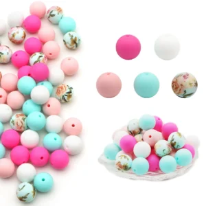 Pastel Rose Floral Silicone Beads Set 50PCS Pink Blue White for Teething Jewelry Making