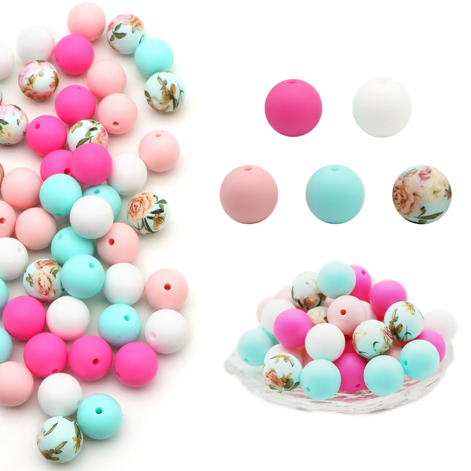 Pastel Rose Floral Silicone Beads Set 50PCS Pink Blue White for Teething Jewelry Making