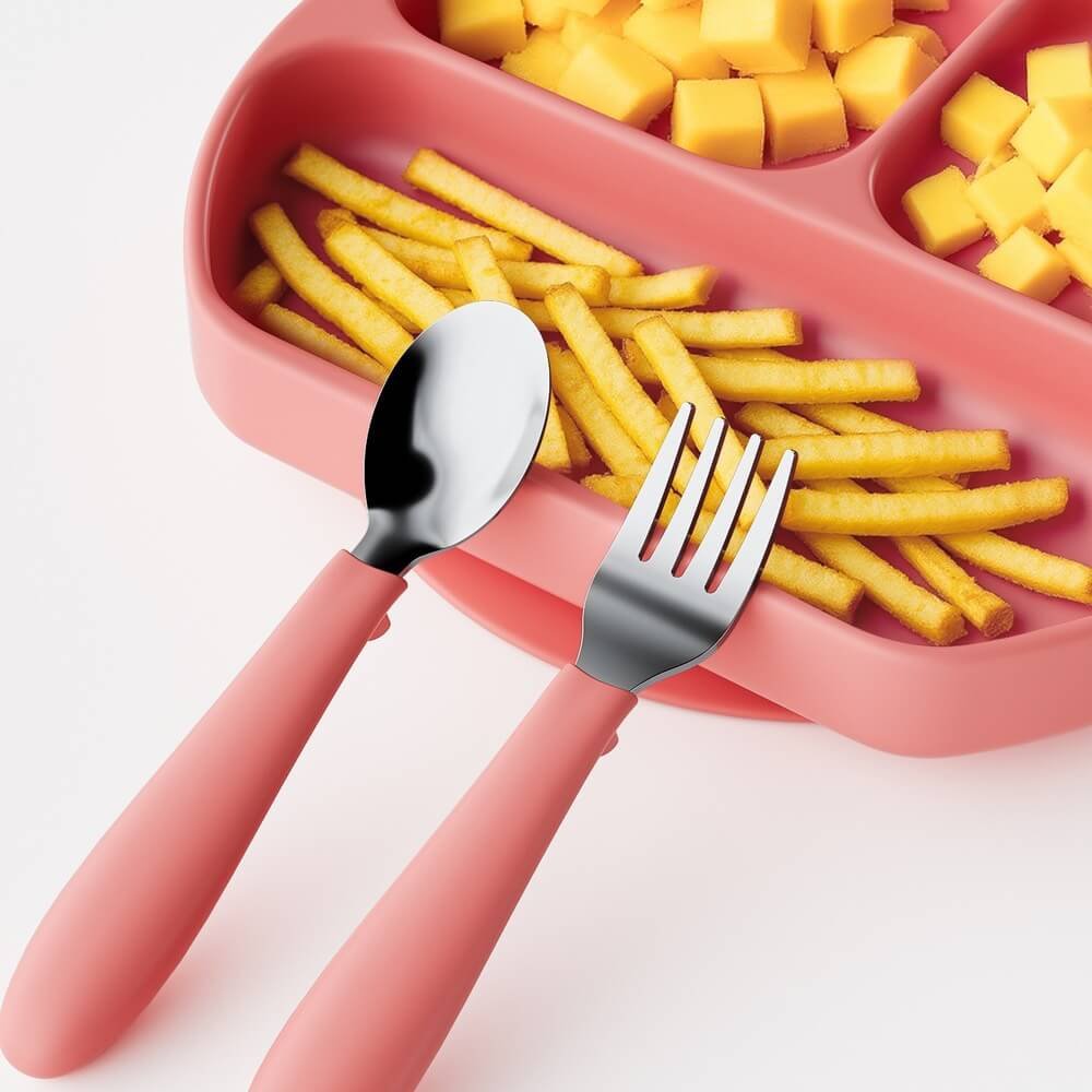 Pink baby fork and spoon set with divided silicone plate