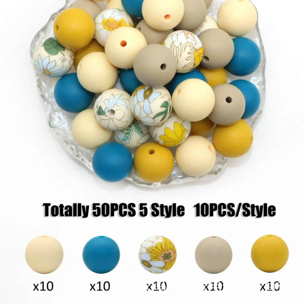 Retro Sunflower Print Silicone Beads 50PCS Boho Earth Tones for Teething & Keychain Making