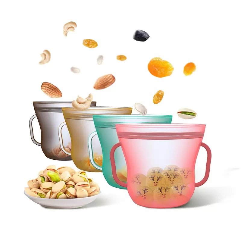 Reusable Silicone Snack Cups with Handles for Nuts & Dry Goods