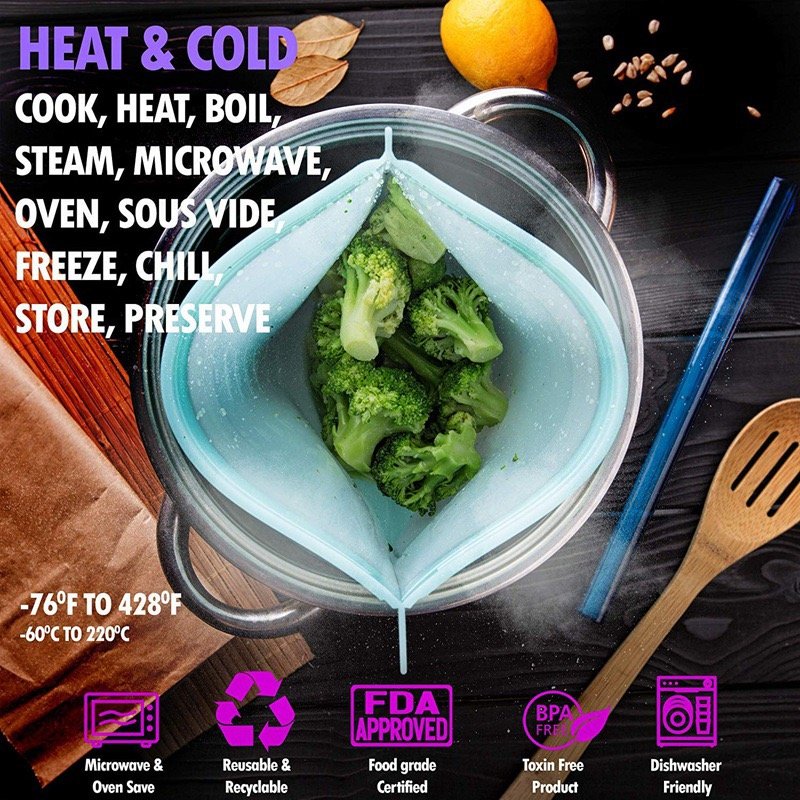 Silicone Food Bag Heat & Cold Resistant for Microwave, Freezer & Sous Vide