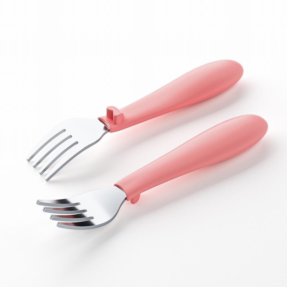Stainless steel baby forks with pink silicone handles