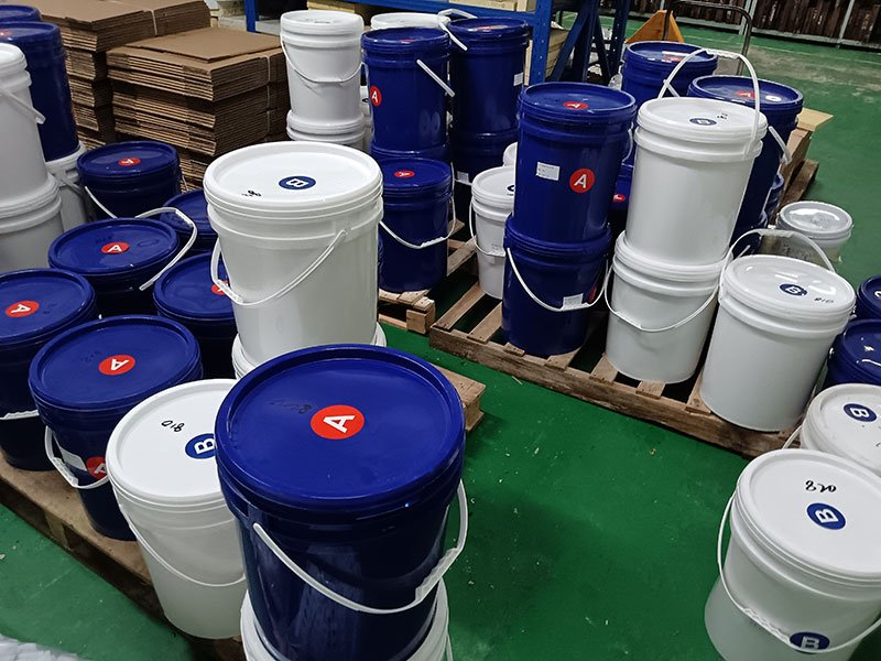 Stored silicone raw materials (AB components) for manufacturing